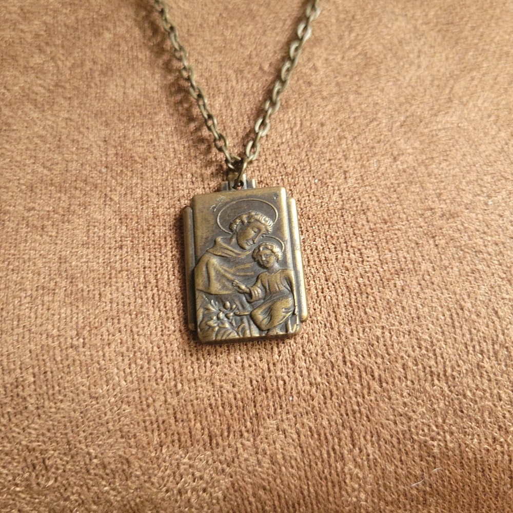 Vintage Bronze Saint Anthony Medallion Pendant Necklace 18 Inch Dark Academia